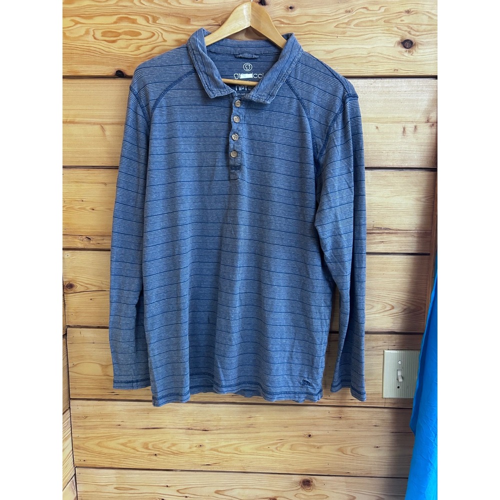 Gramicci‎ Mens Hemp Organic Cotton Striped Long Sleeve Polo Shirt Blue Large